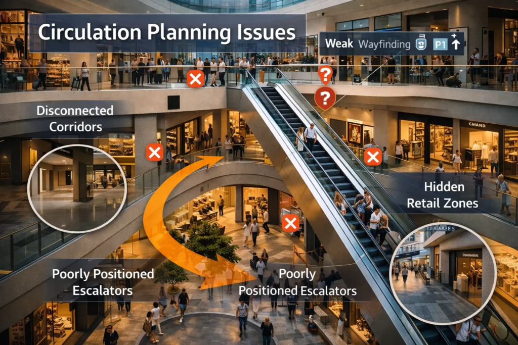 Shopping mall circulation planning issues showing disconnected corridors, poorly positioned escalators, and hidden retail zones affecting footfall distribution.