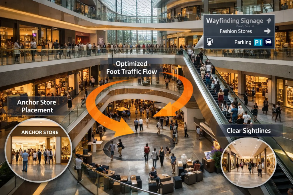 Shopping mall circulation strategy showing optimized foot traffic flow, anchor store placement and clear sightlines