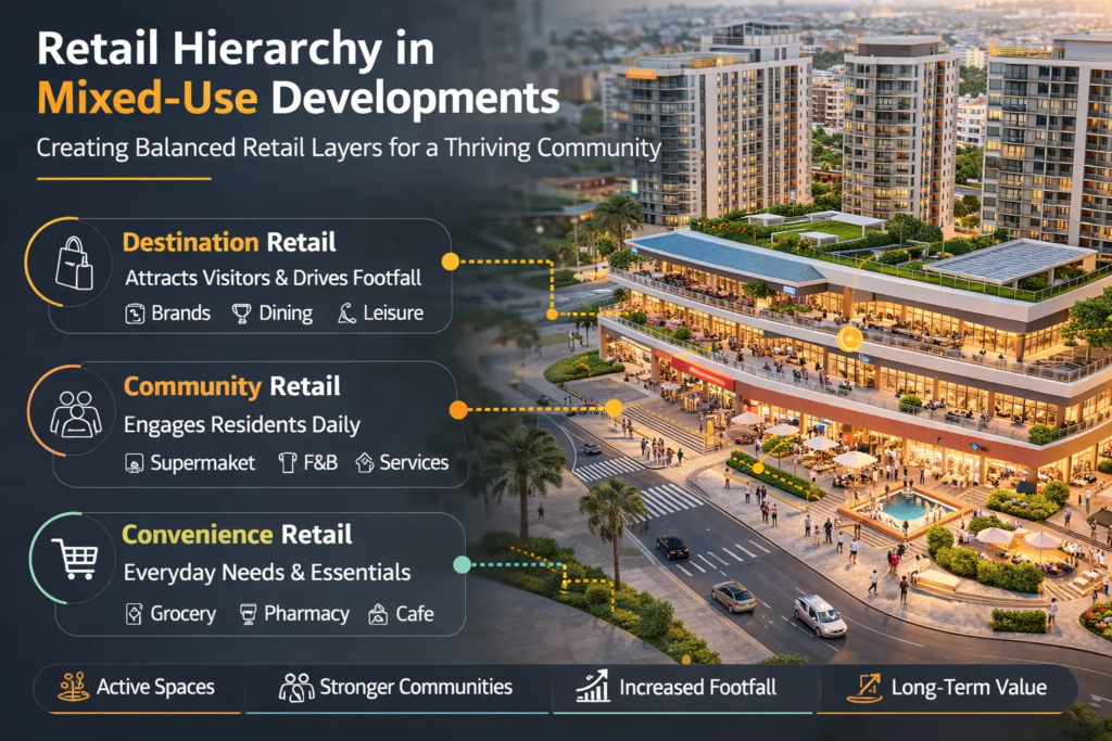 Retail hierarchy planning in mixed use developments showing destination community and convenience retail layers