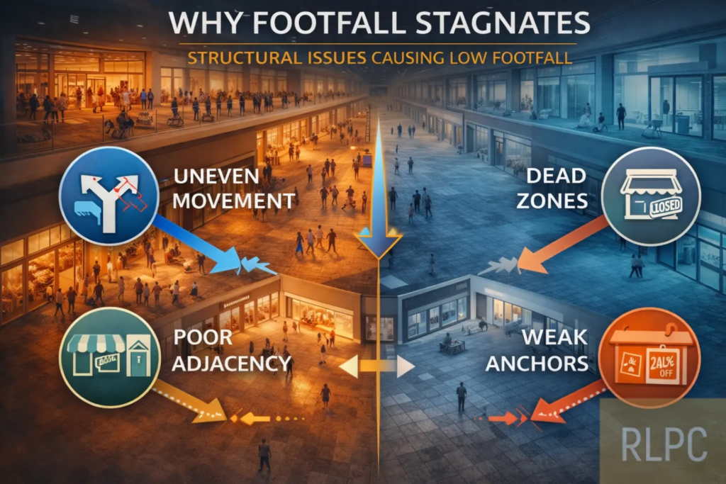 Retail mall structural issues causing low footfall including uneven movement and inactive retail zones