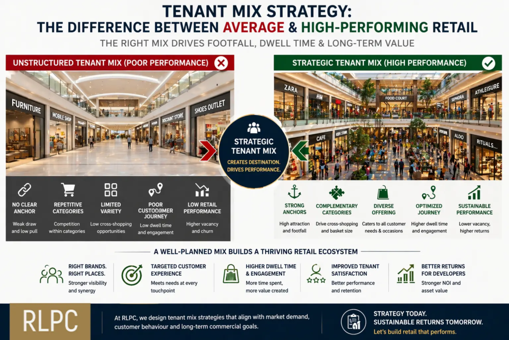 Tenant mix strategy comparison showing unstructured and optimized retail environments in shopping mall developments