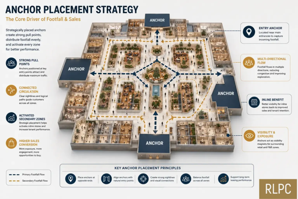 Strategic anchor tenant placement improving footfall distribution in shopping malls 