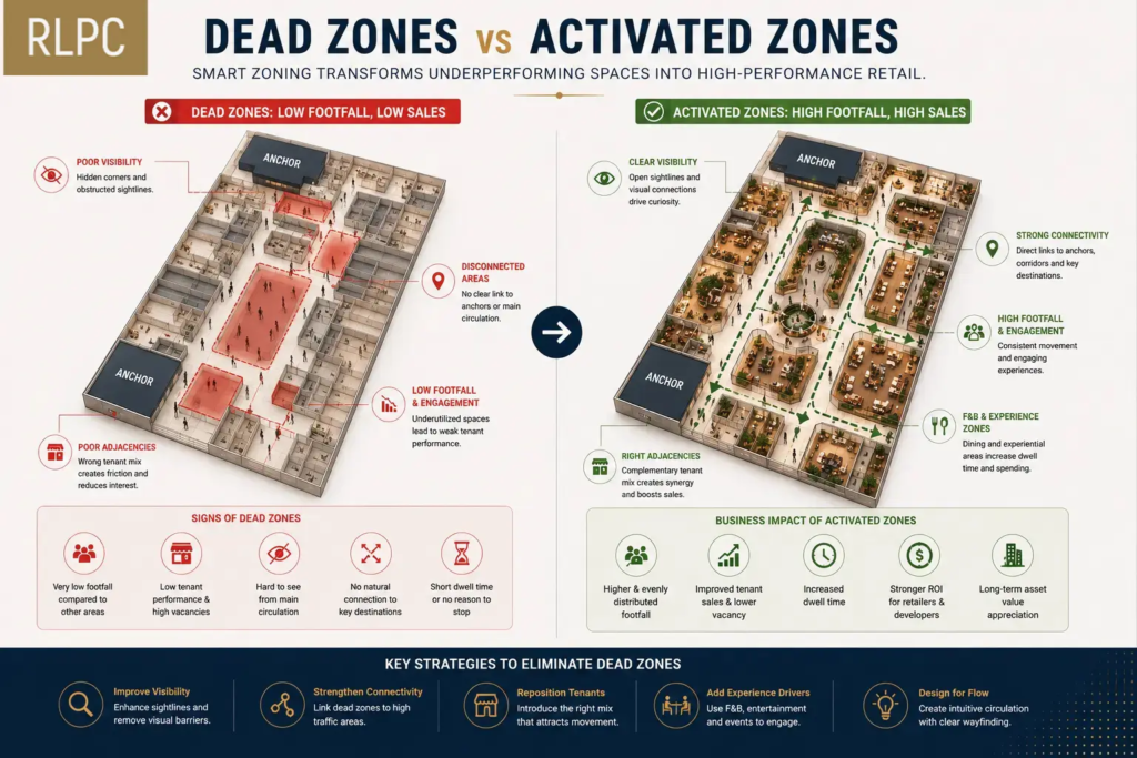 Retail zoning comparison showing dead zones and optimized active retail areas  