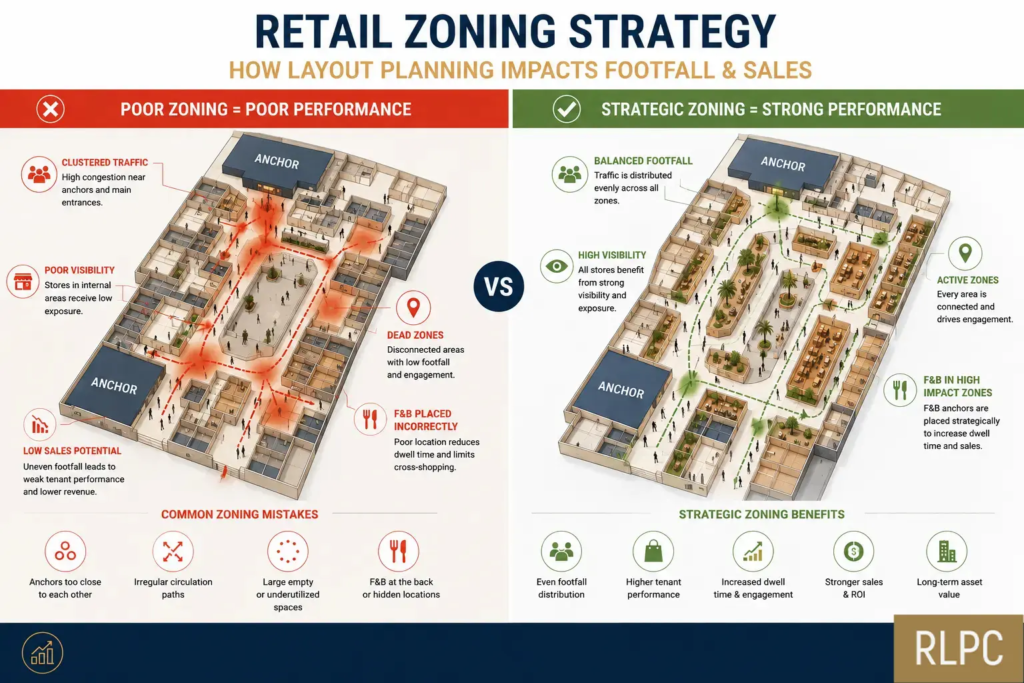 Retail zoning strategy showing optimized customer flow versus poor mall layout  