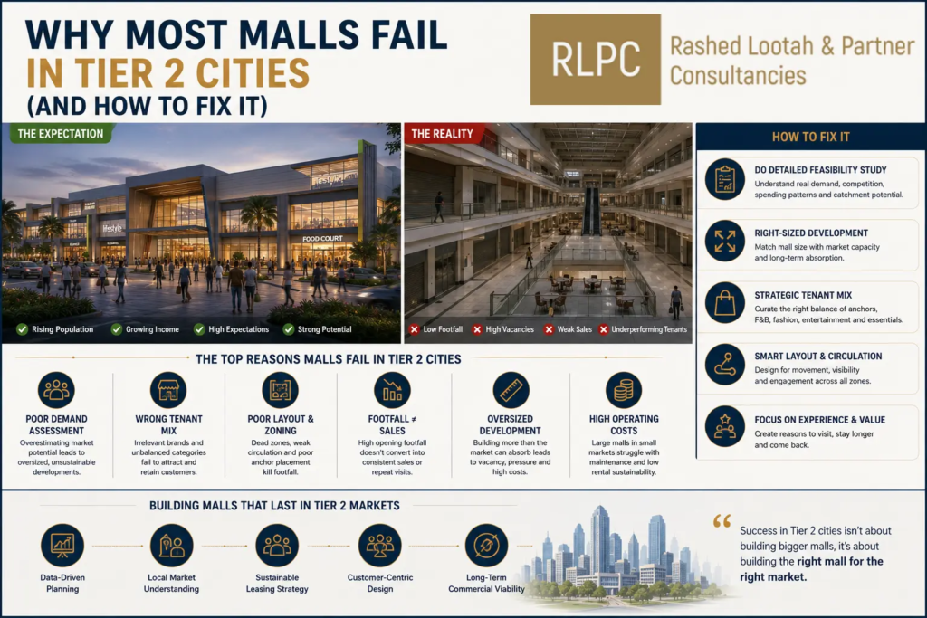 Comparison showing why shopping malls fail in Tier 2 cities due to poor planning and weak retail strategy
